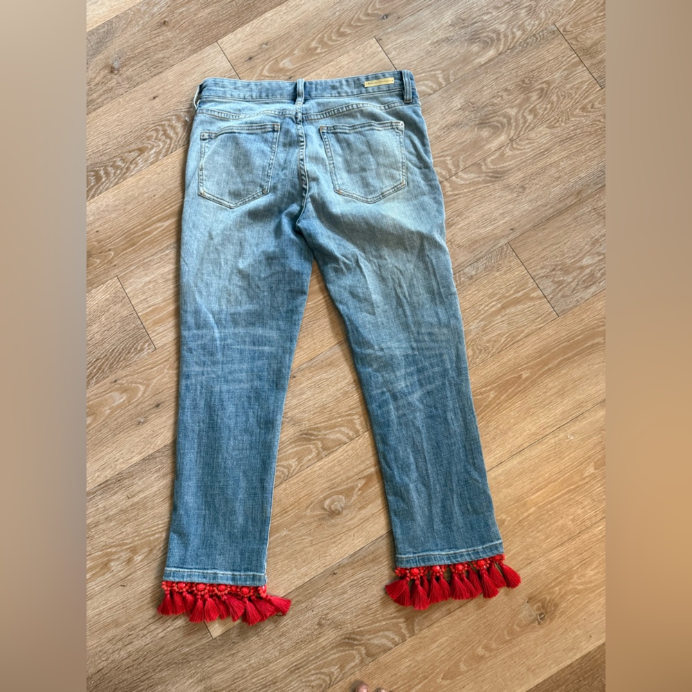 Pilcro and the Letterpress Light Wash Cropped Jeans with Red Tassel Hem - Picture 2 of 6